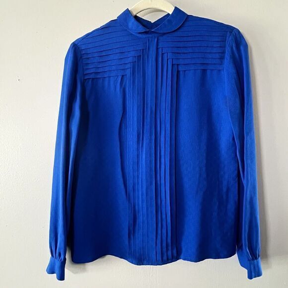 VTG Top Silk‎ Womens 4 Blue CHR 90s Cobalt Pleated Design Blouse Shirt Buttons - Picture 2 of 8